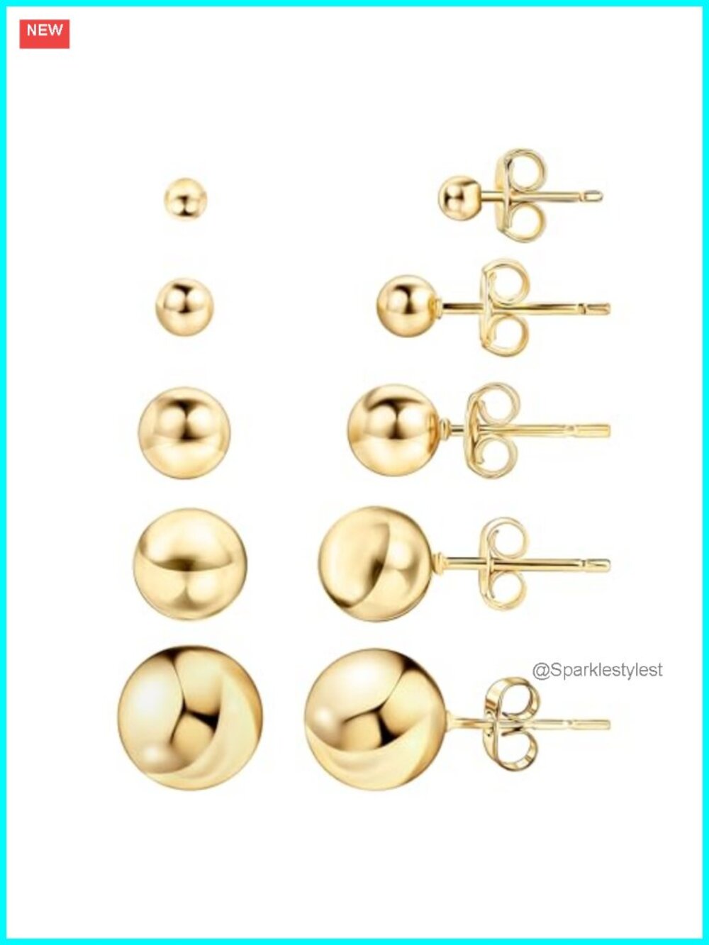 18K Gold Plated Ball Stud Earrings Set 5 Pack 3-10MM Push Back